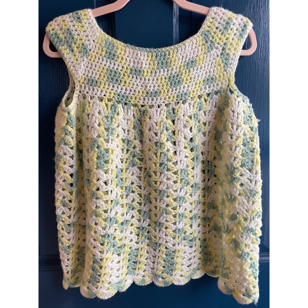Handmade Crochet Sleeveless Top Pastel Yellow Mint Green Shell Stitch Knit Small